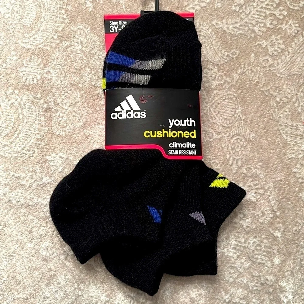 Brand New Adidas 3-Pack Youth Cushioned Climalite No Show Black Socks
